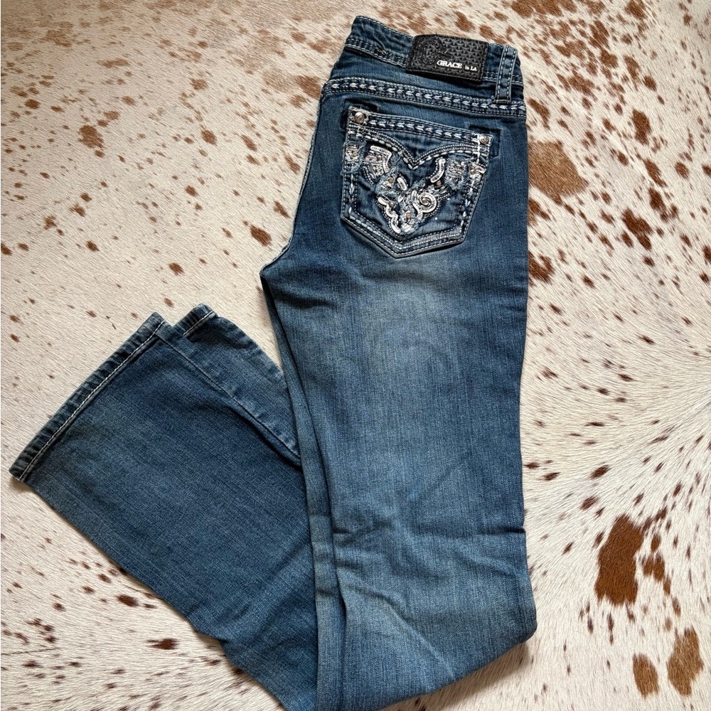 Grace in LA Blue Boot Cut Jeans with White Embroidery